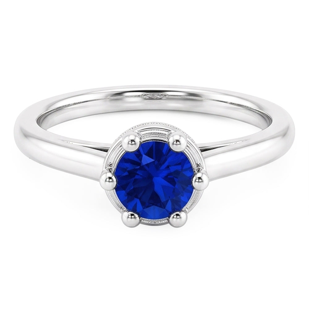 Blauer Saphir Runder Ring Krappenstil 1,25 Karat Weißgold 14K