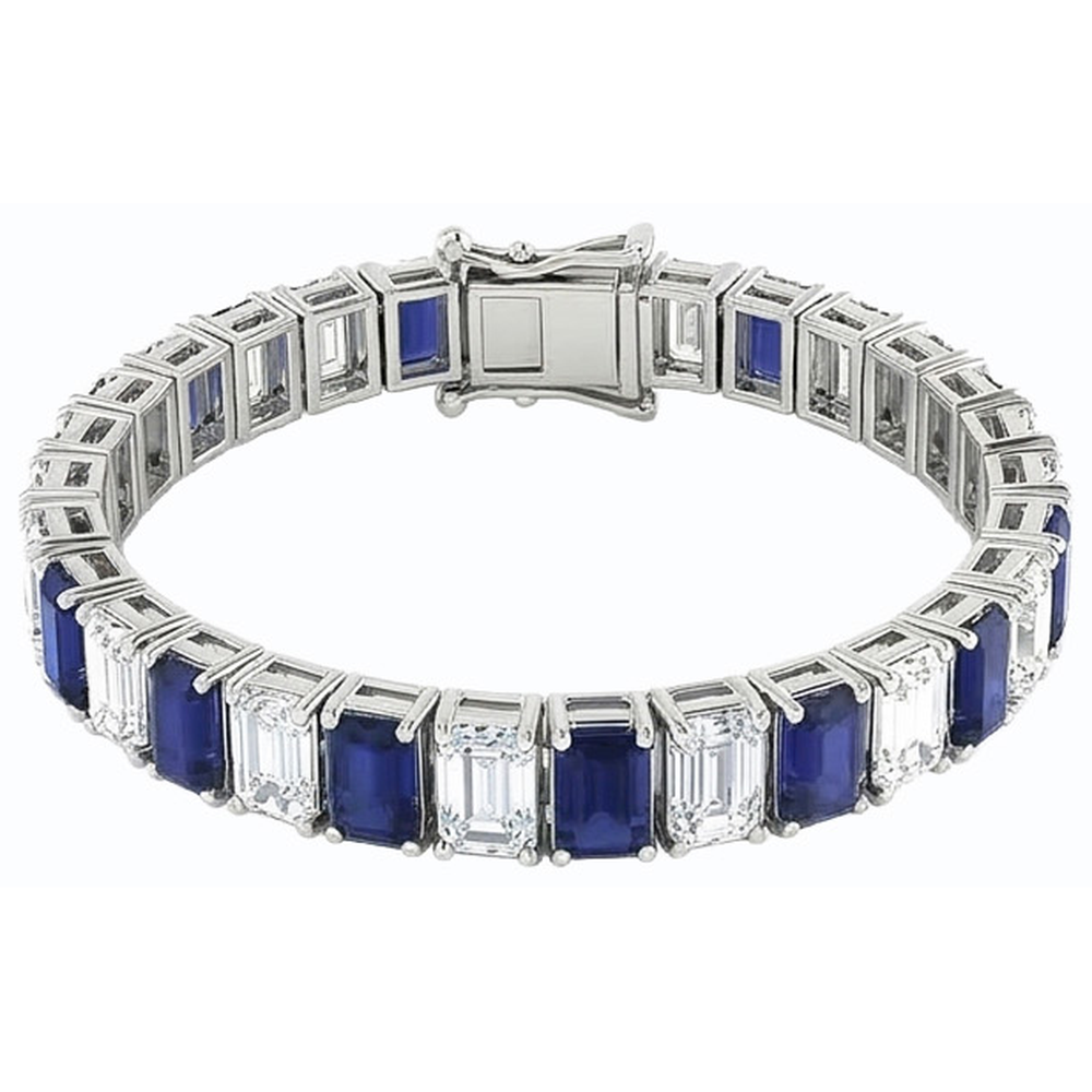 Blauer Saphir Smaragdschliff Tennisarmband 12 Karat Schmuck Neu