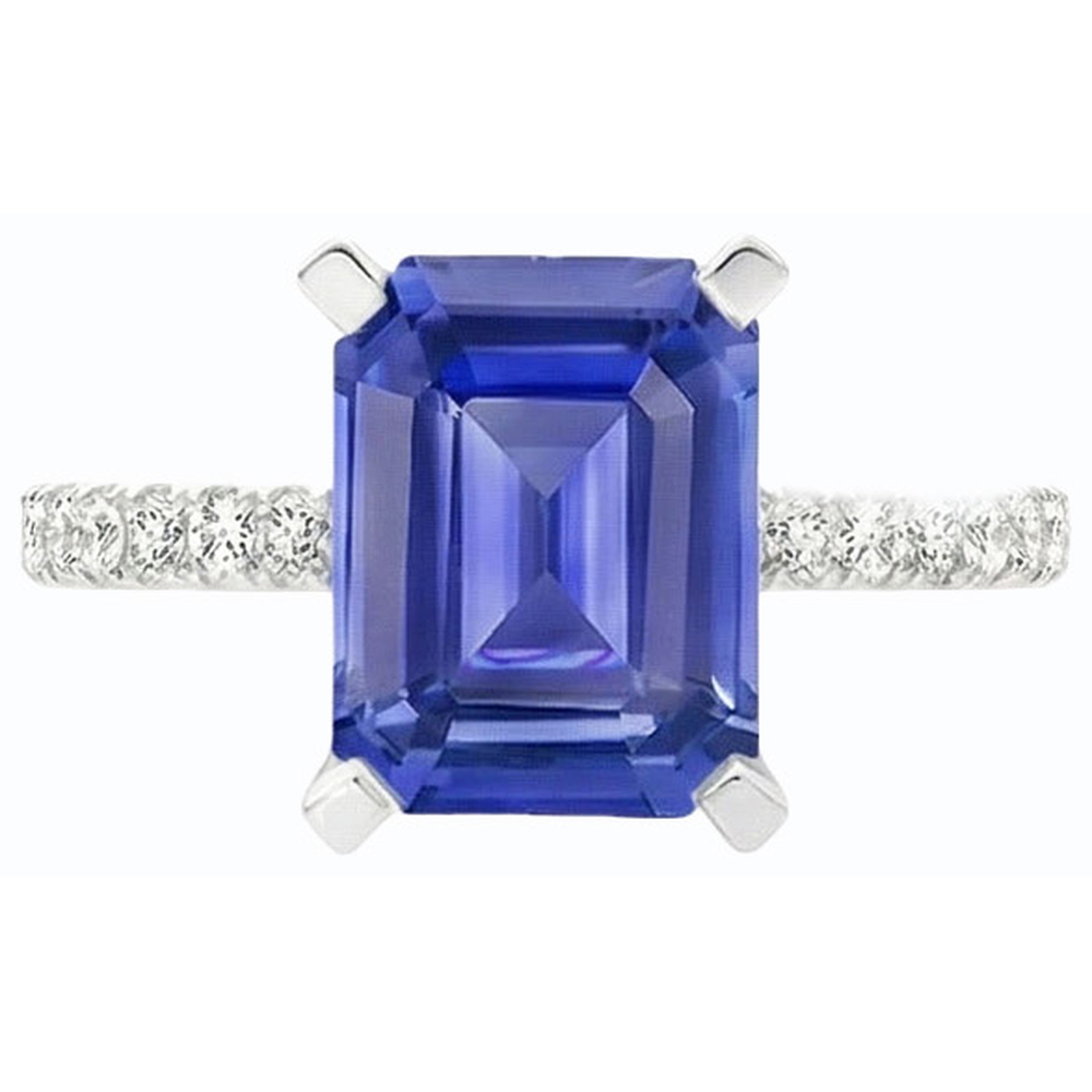 Blauer Saphir Solitär Smaragdring mit Akzenten 3 Karat Gold
