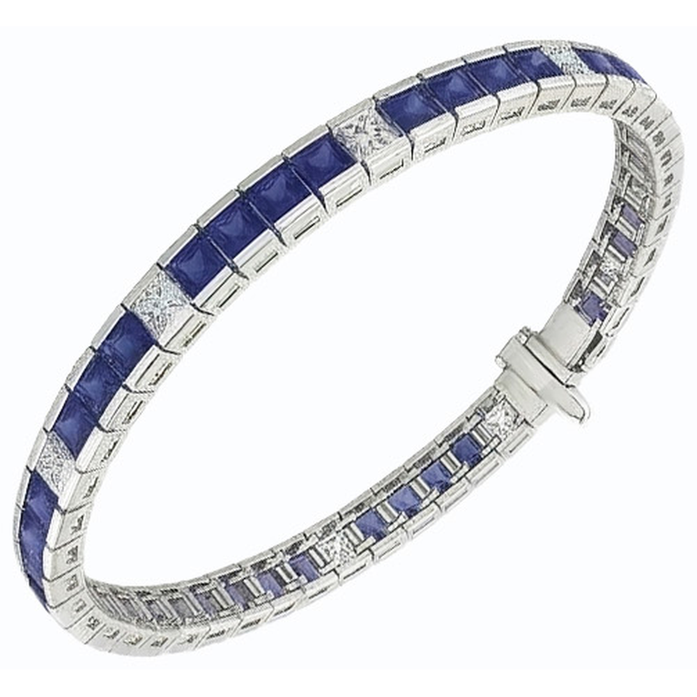 Blauer Saphir Tennisarmband Princess Cut 25 Karat Weißgold 14K