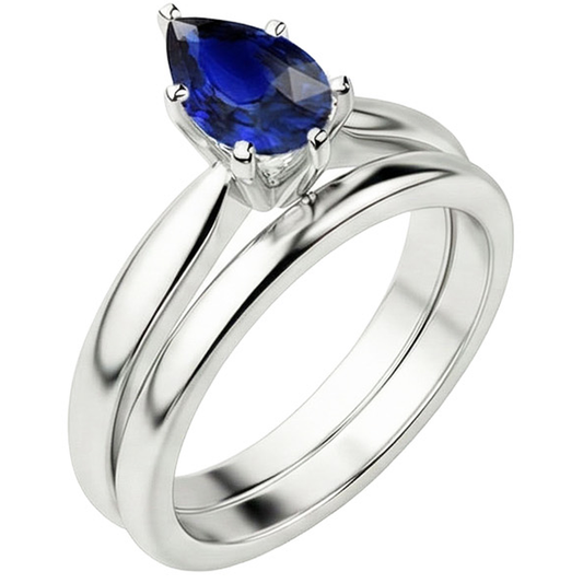 Blauer Saphir Trauring Set Solitär Birnenschliff Sri Lanka 2 Karat