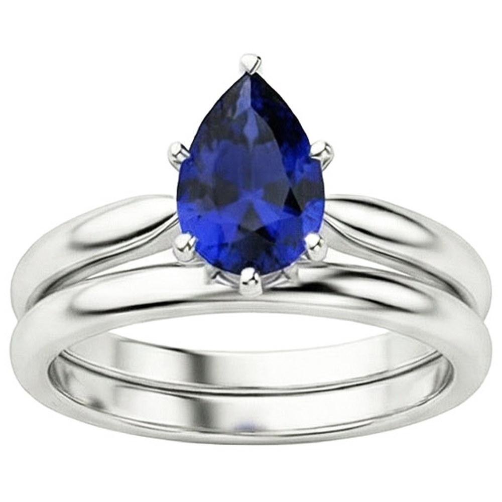 Blauer Saphir Trauring Set Solitär Birnenschliff Sri Lanka 2 Karat