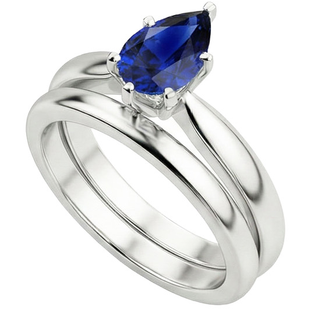 Blauer Saphir Trauring Set Solitär Birnenschliff Sri Lanka 2 Karat
