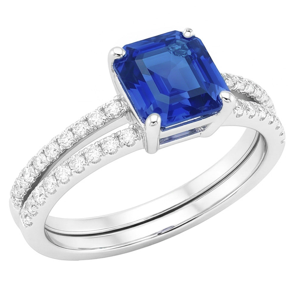 Blauer Saphir-Verlobungsring-Set Asscher-Schliff Weißgold 14K 3 Karat