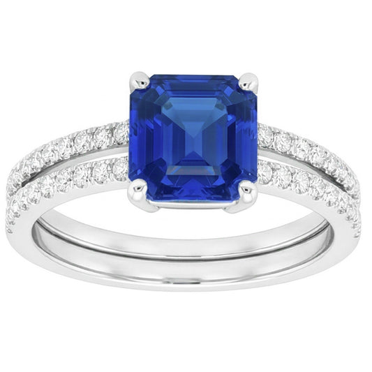 Blauer Saphir-Verlobungsring-Set Asscher-Schliff Weißgold 14K 3 Karat