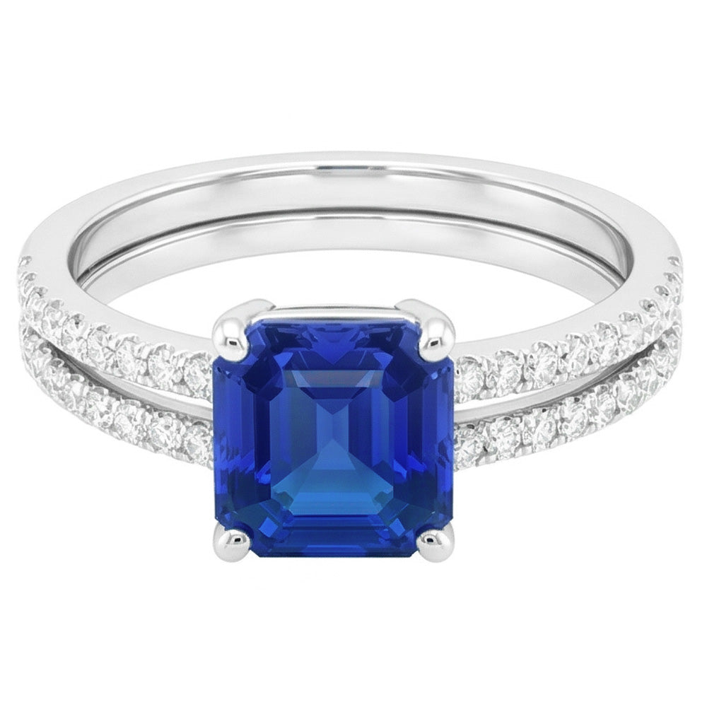 Blauer Saphir-Verlobungsring-Set Asscher-Schliff Weißgold 14K 3 Karat