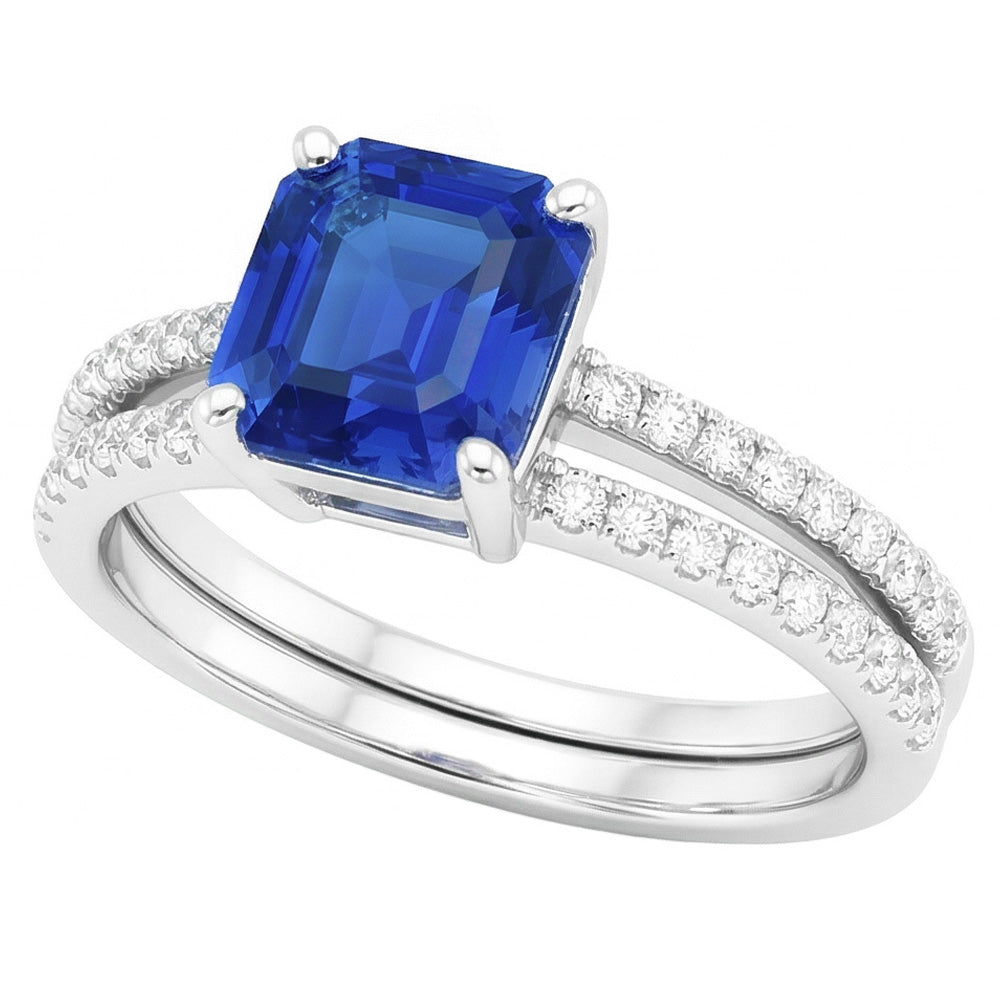 Blauer Saphir-Verlobungsring-Set Asscher-Schliff Weißgold 14K 3 Karat