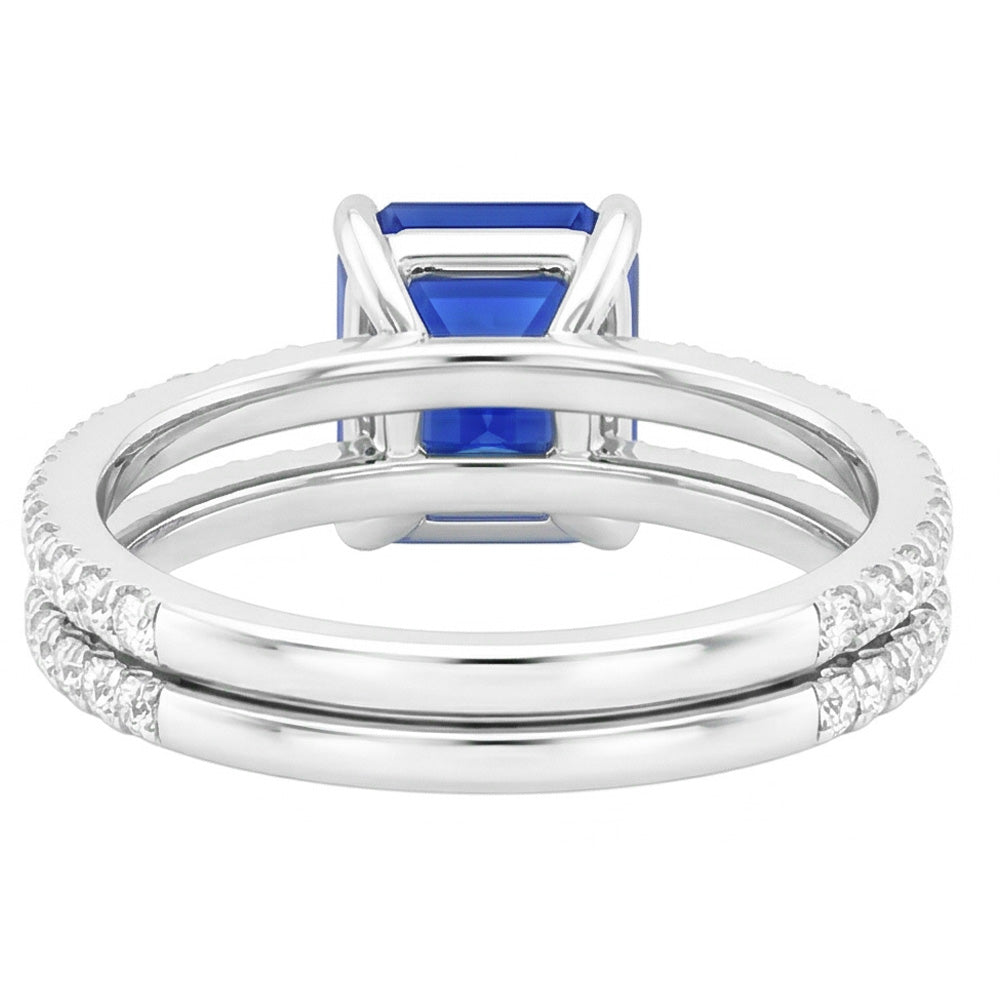 Blauer Saphir-Verlobungsring-Set Asscher-Schliff Weißgold 14K 3 Karat