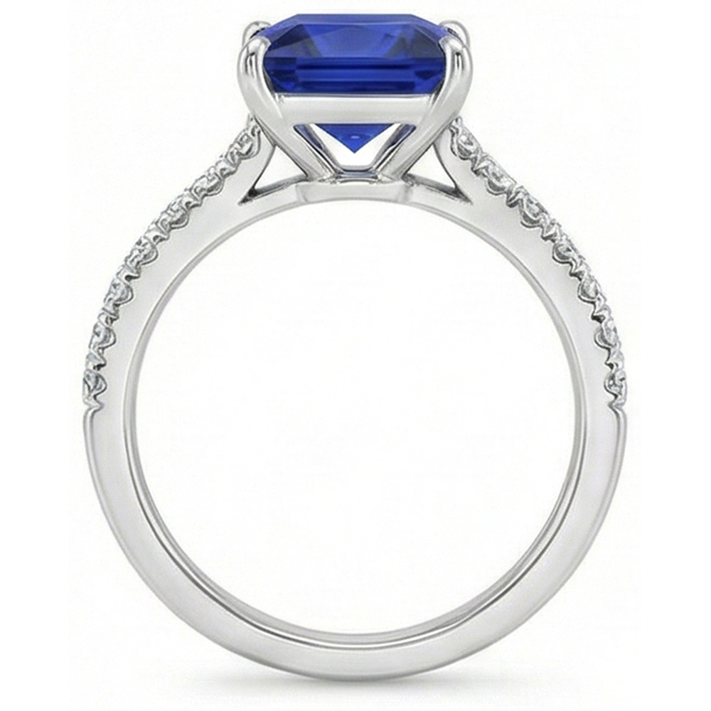 Blauer Saphir & Aus der Erde Abgebauter Natürlicher Diamant Solitaire Akzente Ring 5,50 Karat Princess Cut