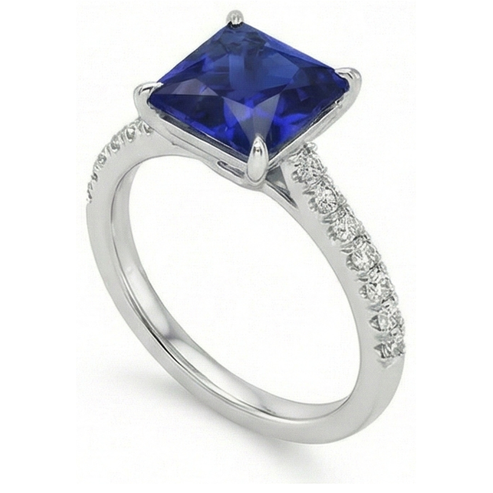 Blauer Saphir & Aus der Erde Abgebauter Natürlicher Diamant Solitaire Akzente Ring 5,50 Karat Princess Cut