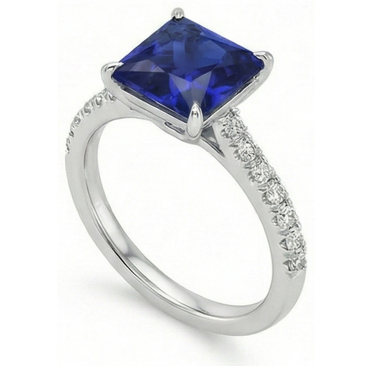 Blauer Saphir & Aus der Erde Abgebauter Natürlicher Diamant Solitaire Akzente Ring 5,50 Karat Princess Cut