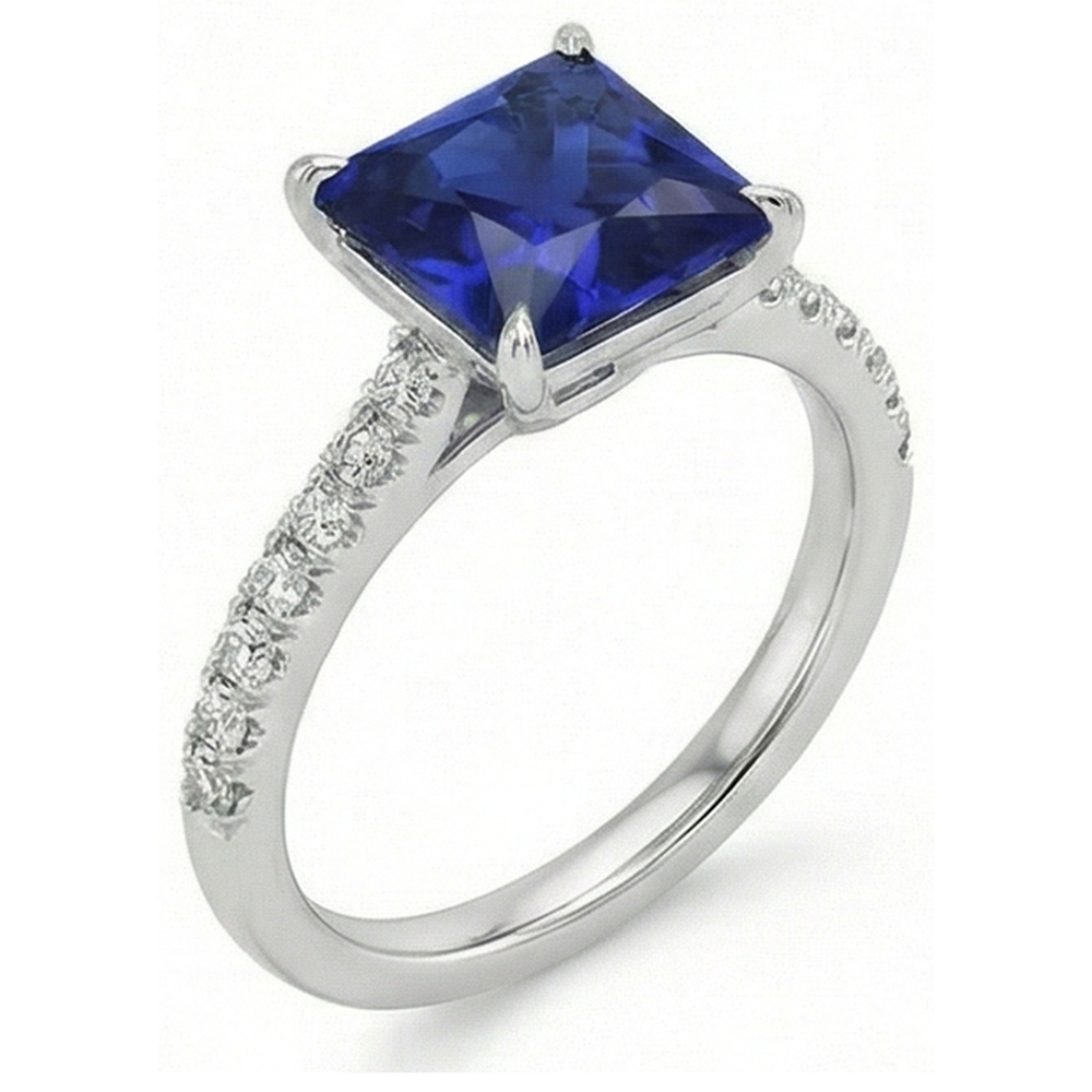 Blauer Saphir & Aus der Erde Abgebauter Natürlicher Diamant Solitaire Akzente Ring 5,50 Karat Princess Cut