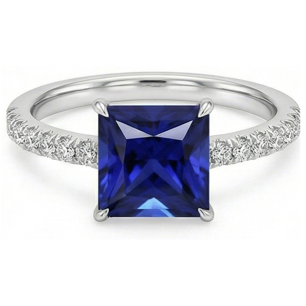 Blauer Saphir & Aus der Erde Abgebauter Natürlicher Diamant Solitaire Akzente Ring 5,50 Karat Princess Cut
