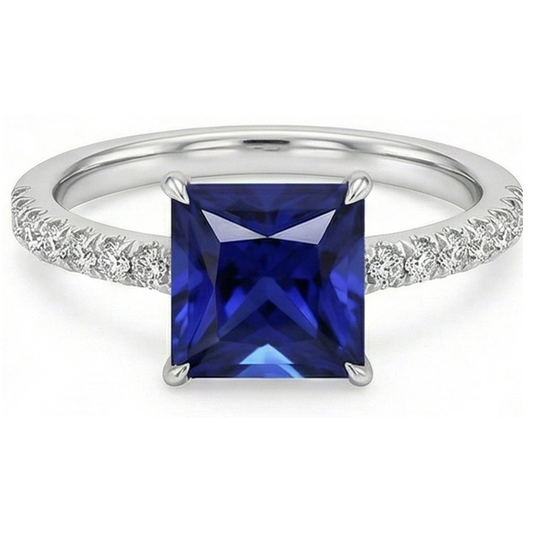 Blauer Saphir & Aus der Erde Abgebauter Natürlicher Diamant Solitaire Akzente Ring 5,50 Karat Princess Cut