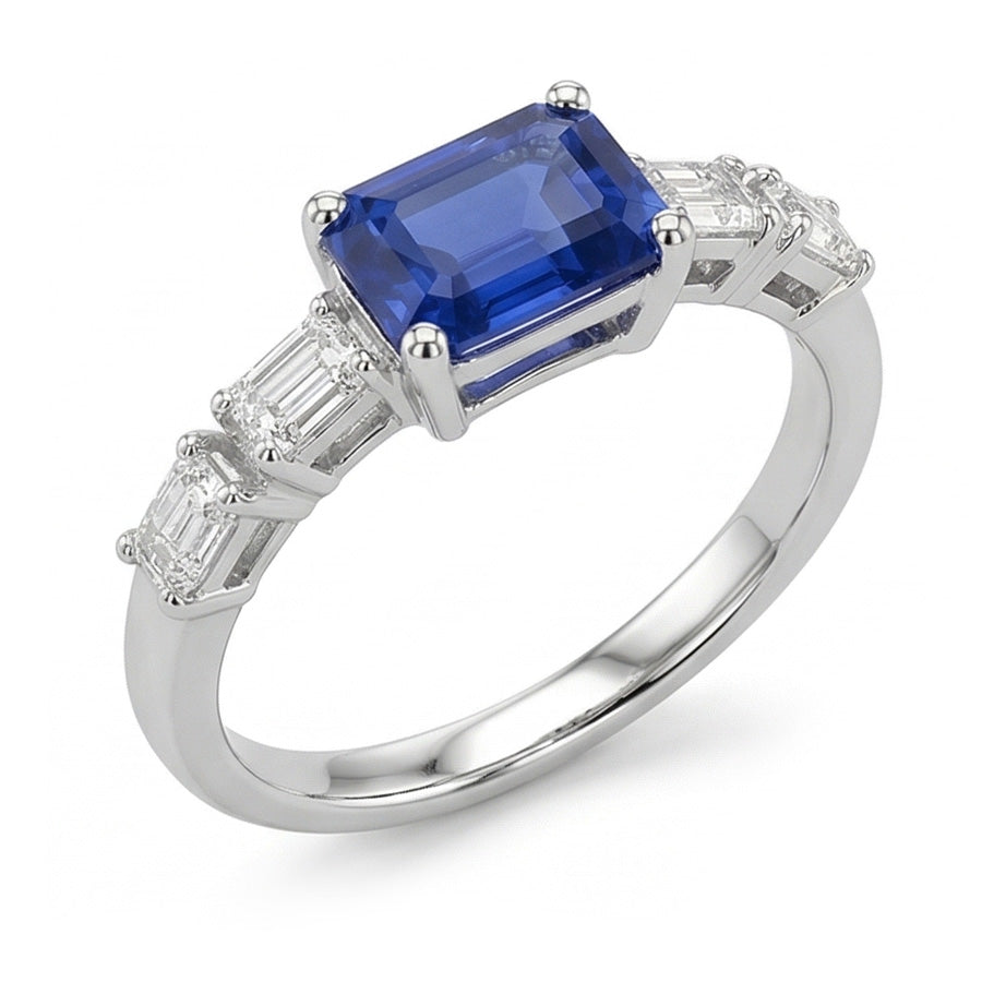 Blauer Saphir & Natürlicher Diamant ( nicht im Labor gezüchtet ) Ring Smaragd 2.50 Karat 5 Steine Schmuck