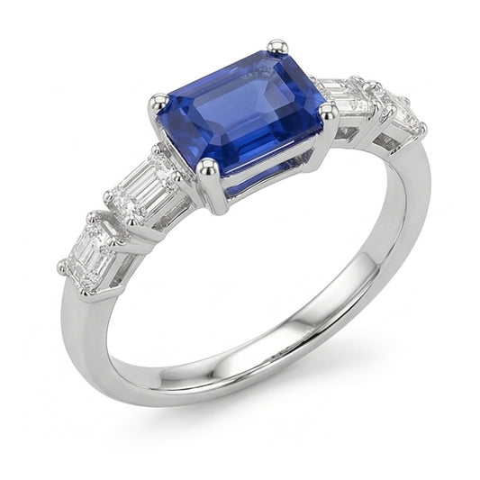 Blauer Saphir & Natürlicher Diamant ( nicht im Labor gezüchtet ) Ring Smaragd 2.50 Karat 5 Steine Schmuck