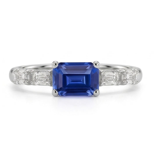 Blauer Saphir & Natürlicher Diamant ( nicht im Labor gezüchtet ) Ring Smaragd 2.50 Karat 5 Steine Schmuck