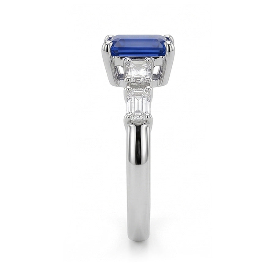 Blauer Saphir & Natürlicher Diamant ( nicht im Labor gezüchtet ) Ring Smaragd 2.50 Karat 5 Steine Schmuck