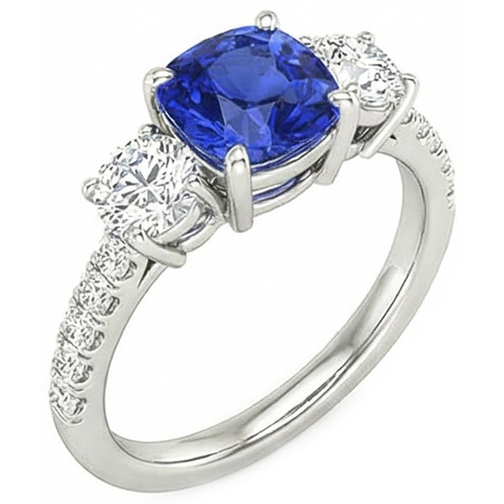 Blauer Saphir & Runder Aus der Erde Abgebauter Natürlicher Diamant Ring 3,50 Karat 3 Steine Stil Schmuck