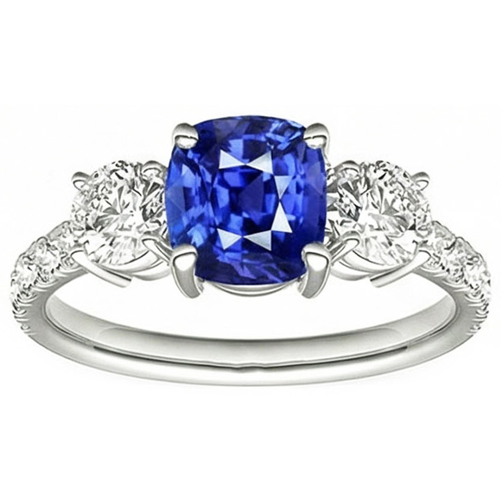 Blauer Saphir & Runder Aus der Erde Abgebauter Natürlicher Diamant Ring 3,50 Karat 3 Steine Stil Schmuck