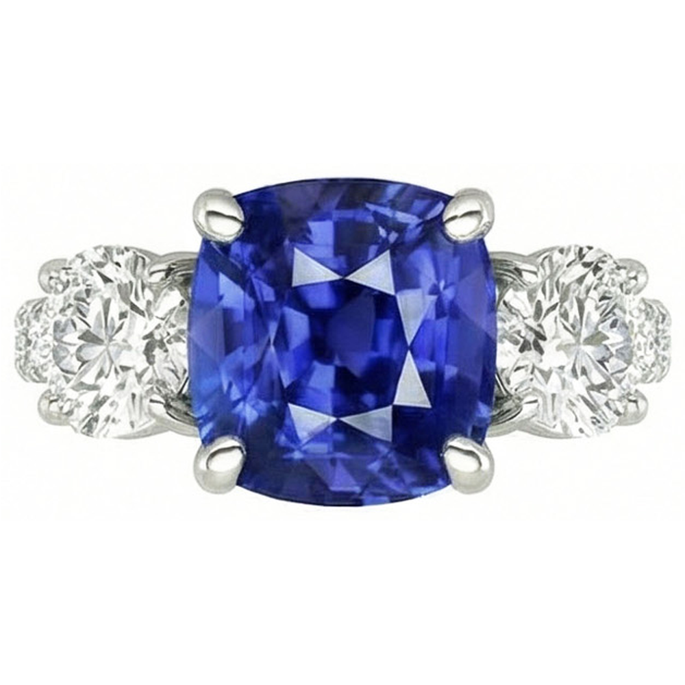 Blauer Saphir & Runder Aus der Erde Abgebauter Natürlicher Diamant Ring 3,50 Karat 3 Steine Stil Schmuck