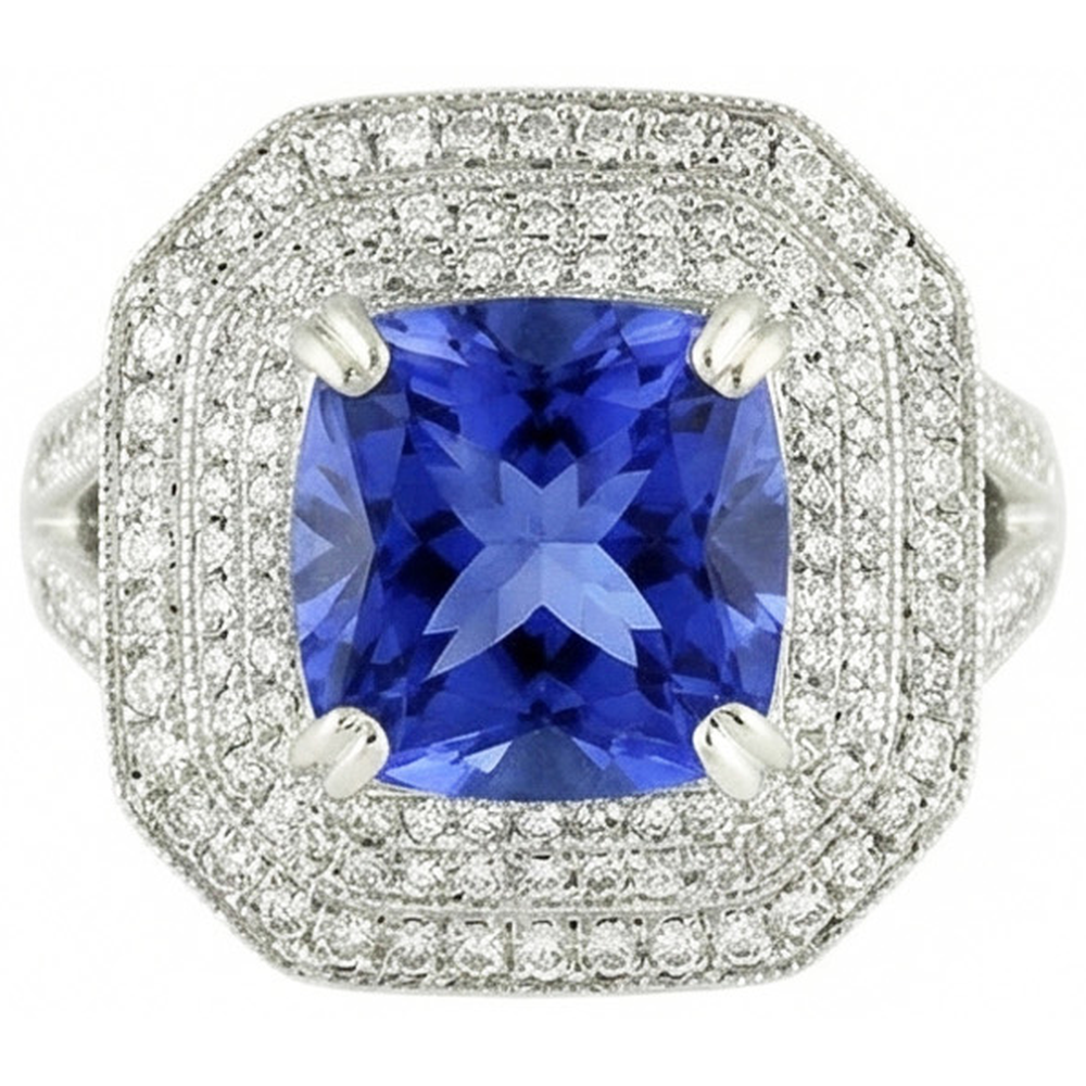 Blauer Saphir mit Aus der Erde Abgebauter Natürlicher Diamant-Halo-Ring