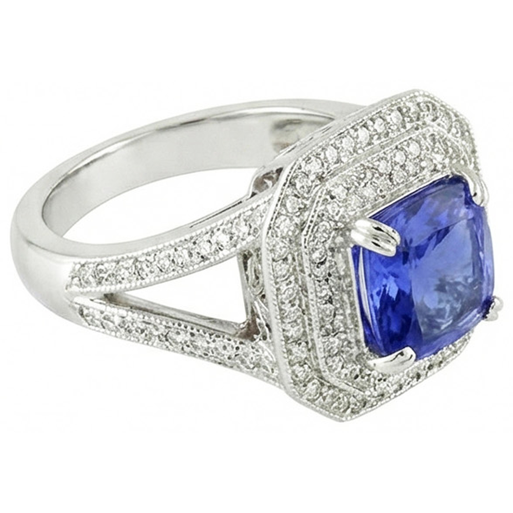 Blauer Saphir mit Aus der Erde Abgebauter Natürlicher Diamant-Halo-Ring
