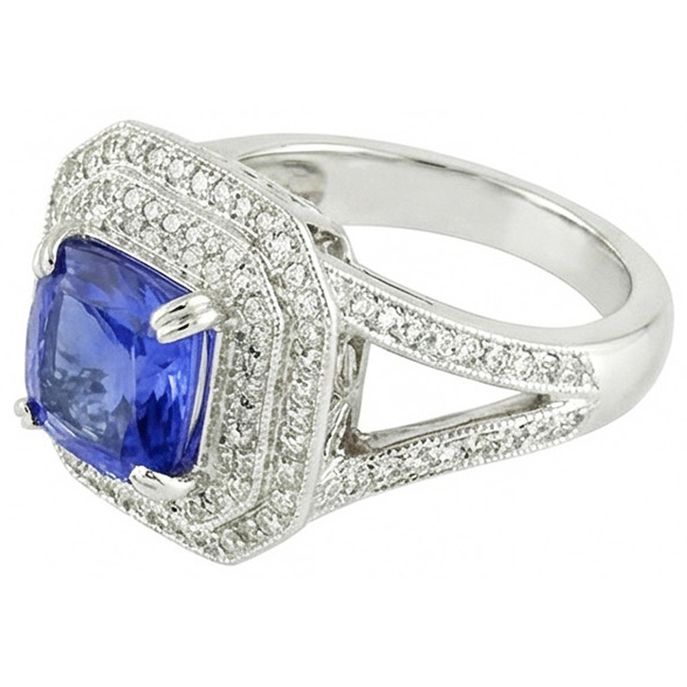 Blauer Saphir mit Aus der Erde Abgebauter Natürlicher Diamant-Halo-Ring