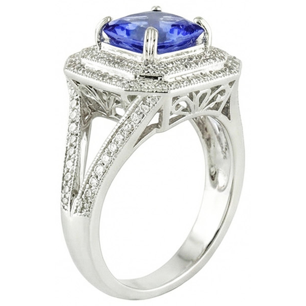 Blauer Saphir mit Aus der Erde Abgebauter Natürlicher Diamant-Halo-Ring
