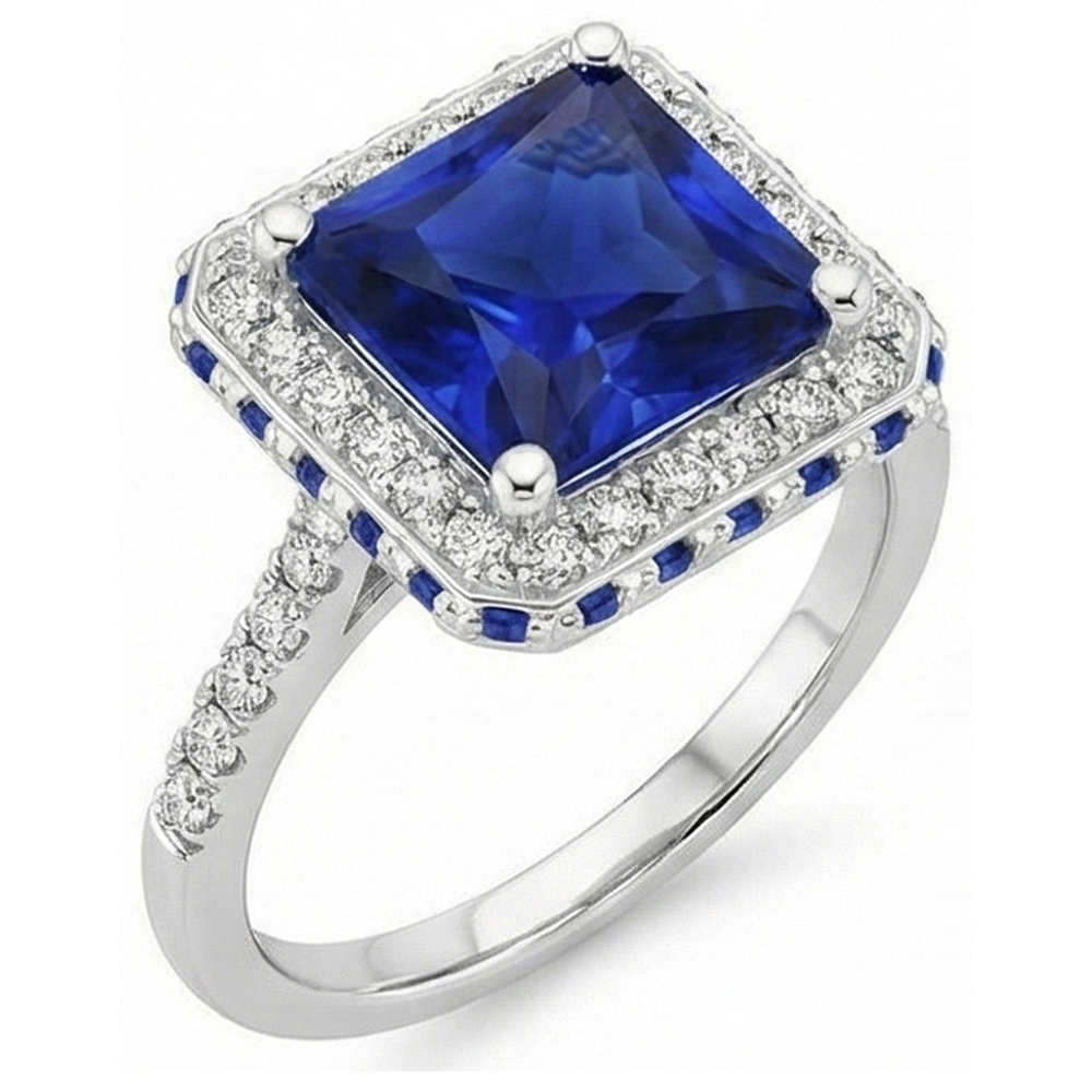 Blauer Saphir und Aus der Erde Abgebauter Natürlicher Diamant Halo Ring 5.5 Karat Prinzessin mit Akzent