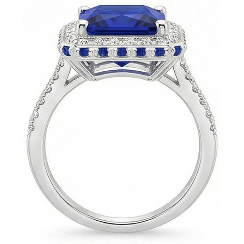 Blauer Saphir und Aus der Erde Abgebauter Natürlicher Diamant Halo Ring 5.5 Karat Prinzessin mit Akzent
