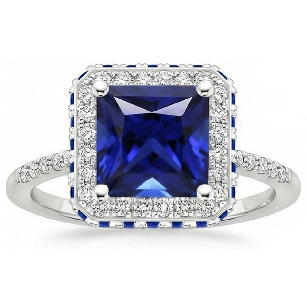 Blauer Saphir und Aus der Erde Abgebauter Natürlicher Diamant Halo Ring 5.5 Karat Prinzessin mit Akzent