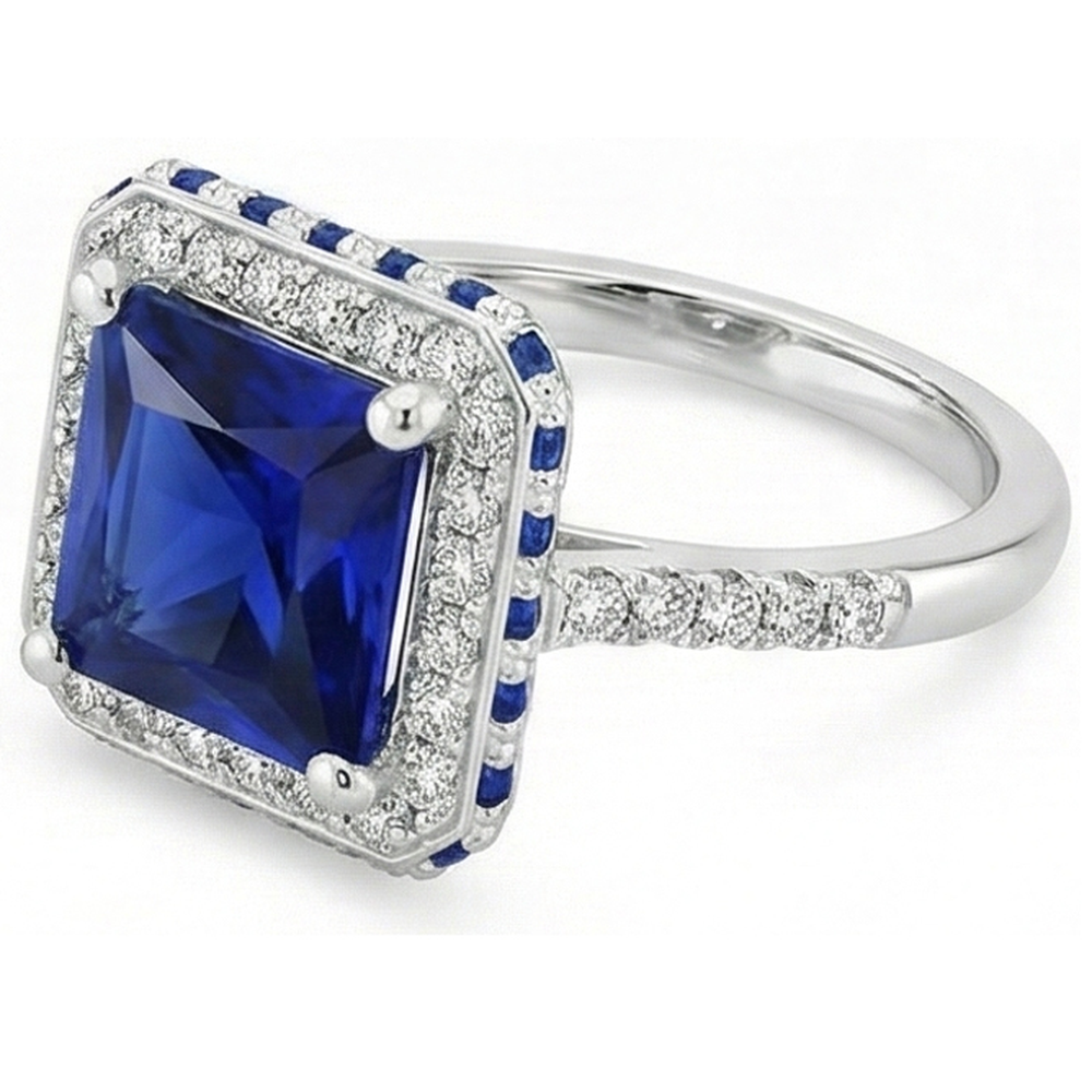 Blauer Saphir und Aus der Erde Abgebauter Natürlicher Diamant Halo Ring 5.5 Karat Prinzessin mit Akzent