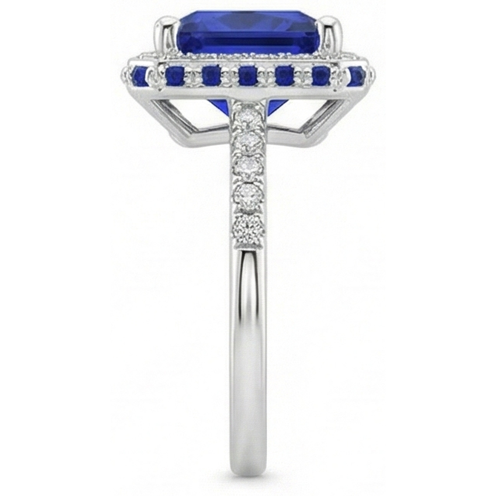 Blauer Saphir und Aus der Erde Abgebauter Natürlicher Diamant Halo Ring 5.5 Karat Prinzessin mit Akzent