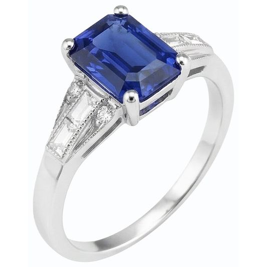 Blauer Smaragd-Saphir-Ring Baguette & runder Natürlicher Diamant ( nicht im Labor gezüchtet ) 4 Karat