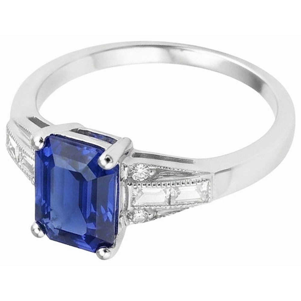 Blauer Smaragd-Saphir-Ring Baguette & runder Natürlicher Diamant ( nicht im Labor gezüchtet ) 4 Karat