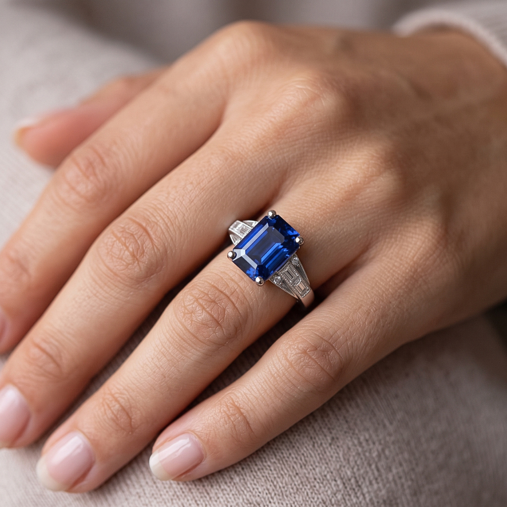 Blauer Smaragd-Saphir-Ring Baguette & runder Natürlicher Diamant ( nicht im Labor gezüchtet ) 4 Karat