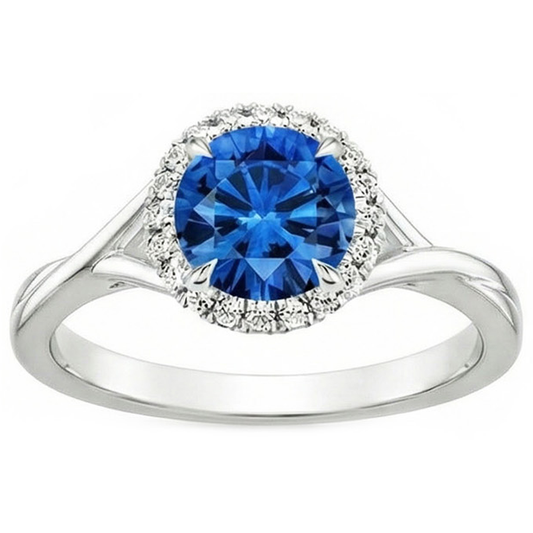 Blauer runder Saphir-Aus der Erde Abgebauter Natürlicher Diamant-Ring 2,40 Karat Weißgold 14K