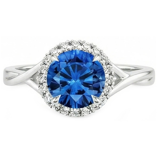 Blauer runder Saphir-Aus der Erde Abgebauter Natürlicher Diamant-Ring 2,40 Karat Weißgold 14K