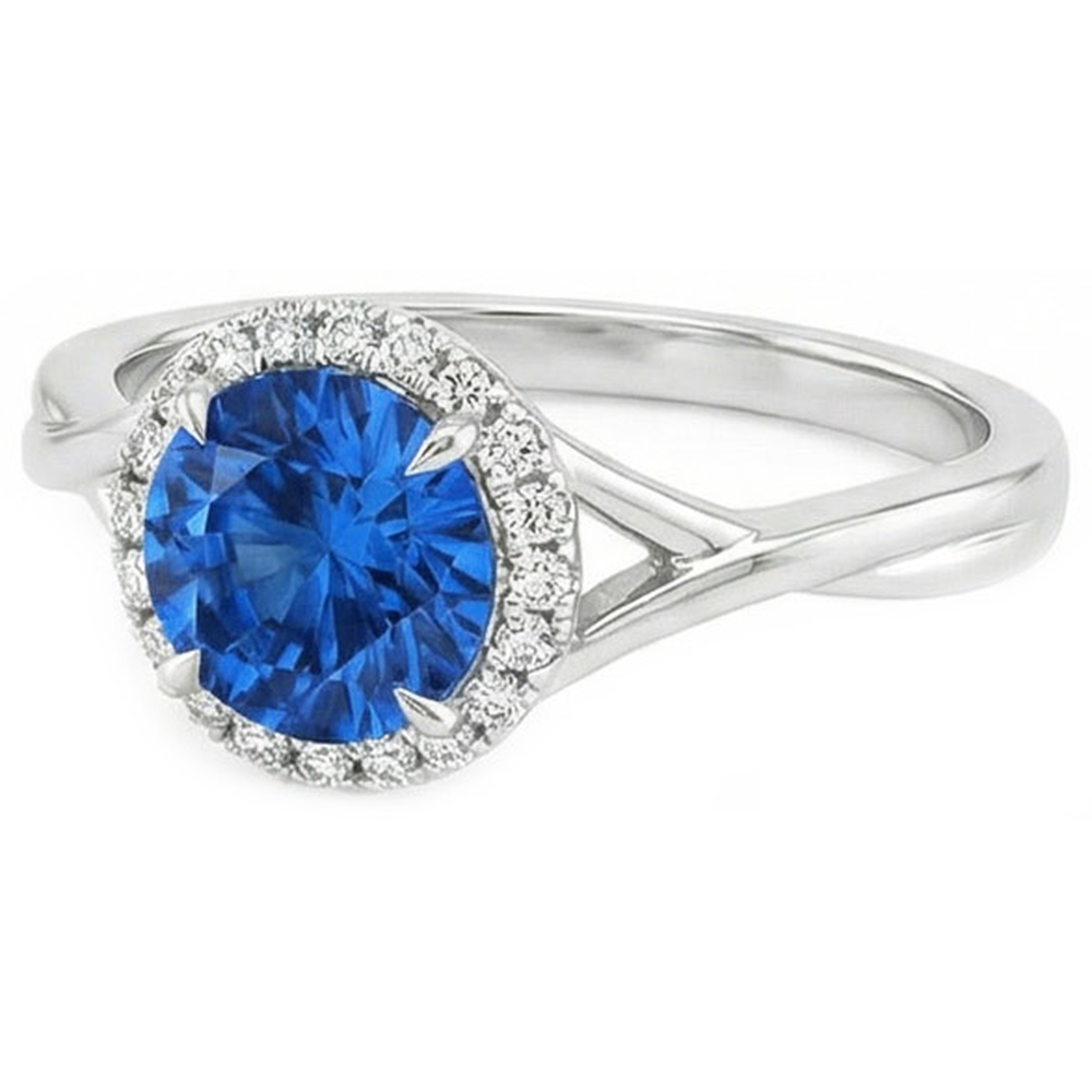 Blauer runder Saphir-Aus der Erde Abgebauter Natürlicher Diamant-Ring 2,40 Karat Weißgold 14K