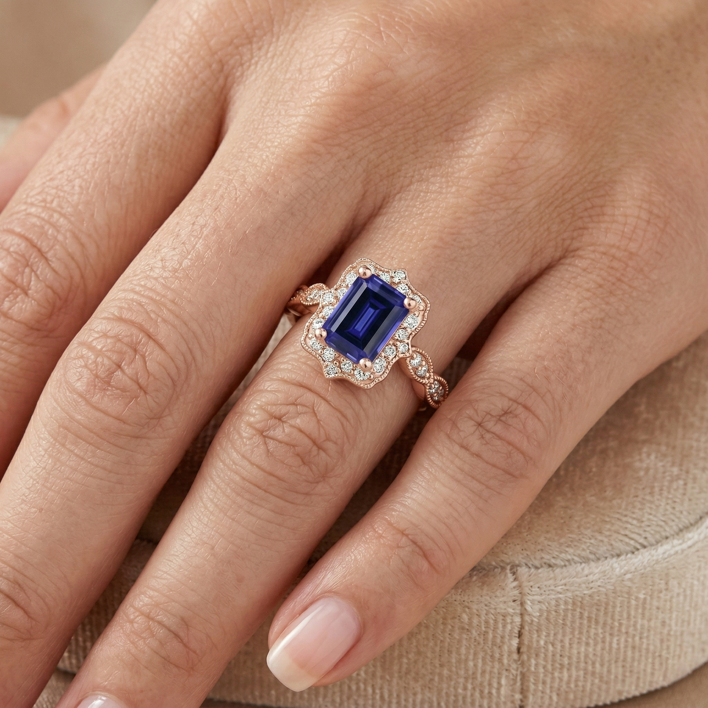 Blauer Saphir-Aus der Erde Abgebauter Natürlicher Diamantring im antiken Stil 3 Karat Edelstein
