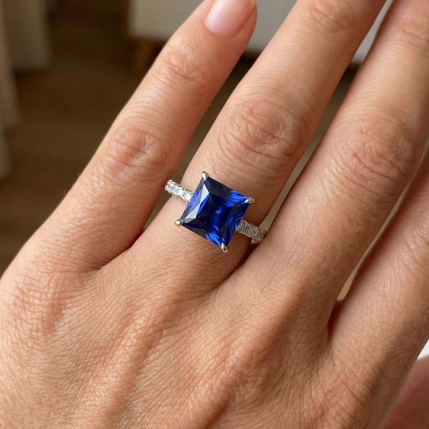 Blauer Saphir & Aus der Erde Abgebauter Natürlicher Diamant Solitaire Akzente Ring 5,50 Karat Princess Cut