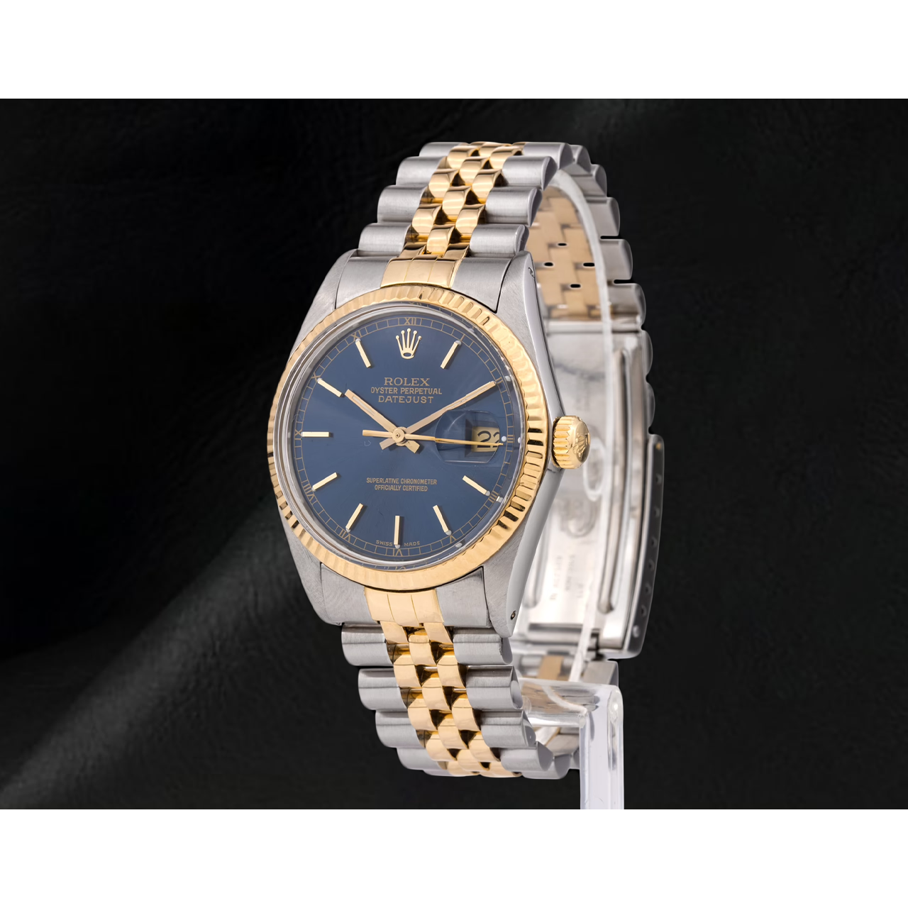Blaues Stick-Zifferblatt mit geriffelter Lünette, Rolex Datejust Gent-Uhr, zweifarbig, SCHNELLES SET