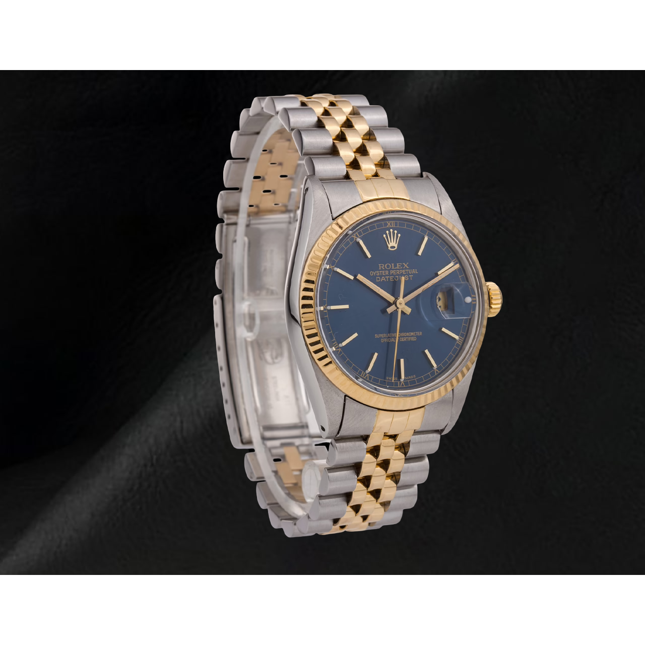 Blaues Stick-Zifferblatt mit geriffelter Lünette, Rolex Datejust Gent-Uhr, zweifarbig, SCHNELLES SET