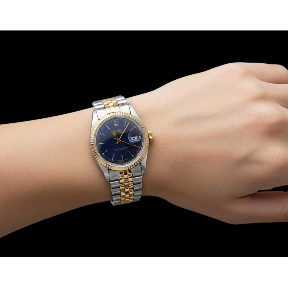 Blaues Stick-Zifferblatt mit geriffelter Lünette, Rolex Datejust Gent-Uhr, zweifarbig, SCHNELLES SET