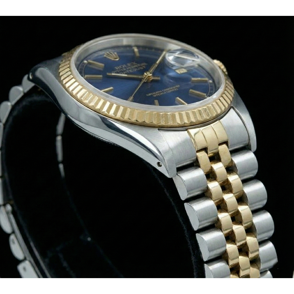 Blaues Stick-Zifferblatt mit geriffelter Lünette Datejust Rolex Damenuhr Edelstahl & Gold