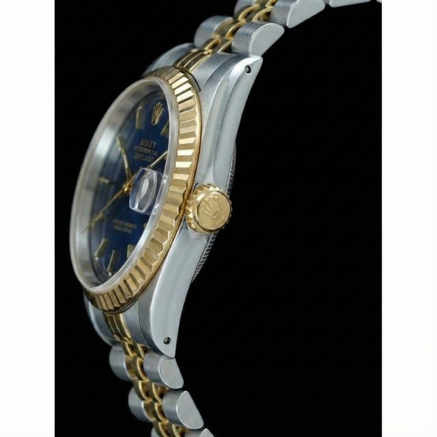 Blaues Stick-Zifferblatt mit geriffelter Lünette Datejust Rolex Damenuhr Edelstahl & Gold