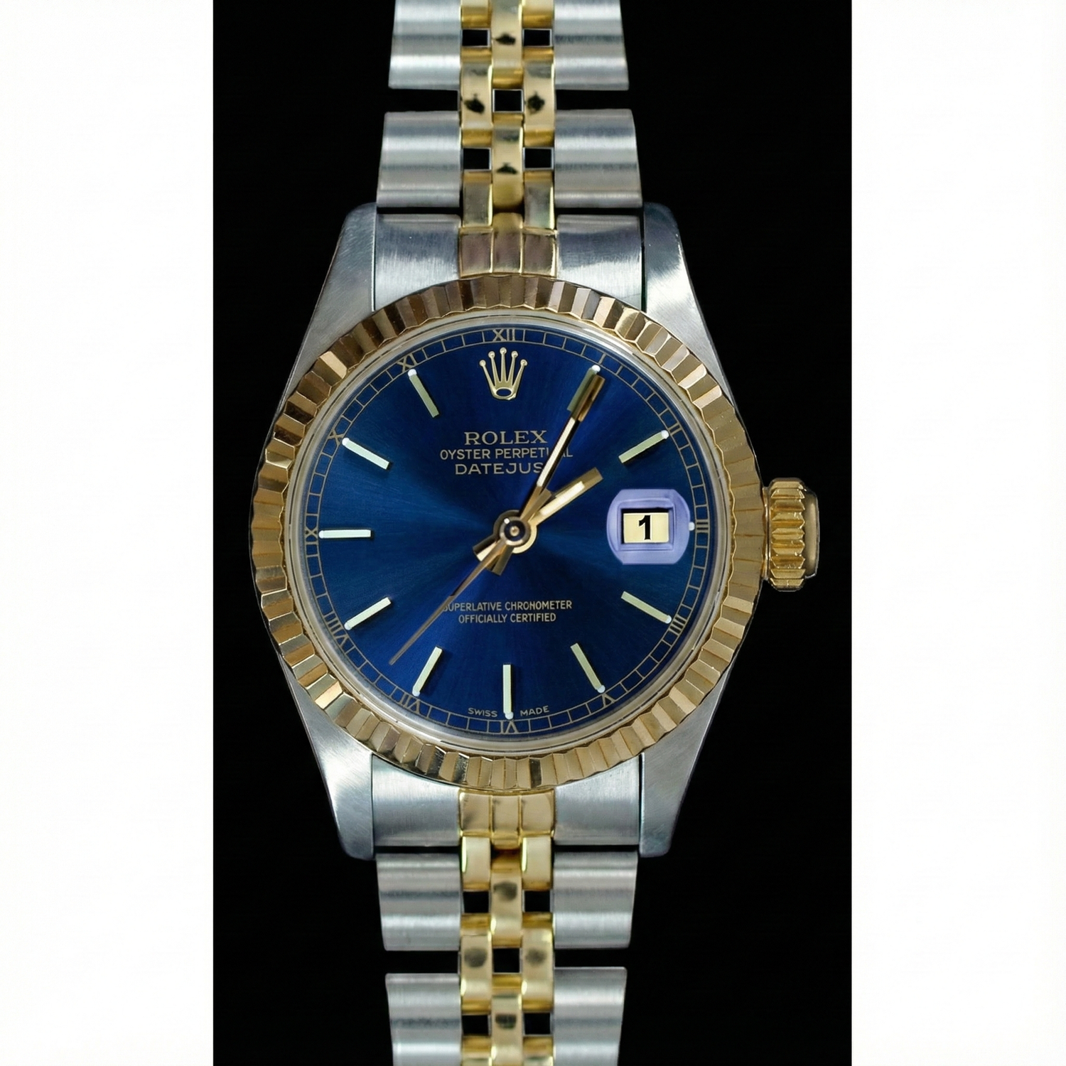 Blaues Stick-Zifferblatt mit geriffelter Lünette Datejust Rolex Damenuhr Edelstahl & Gold