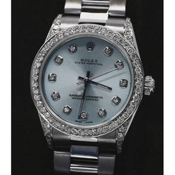 Blaues, individuelles Diamanten-Zifferblatt, mittlere Größe, kein Datum, Rolex-Uhrenarmband, Edelstahl