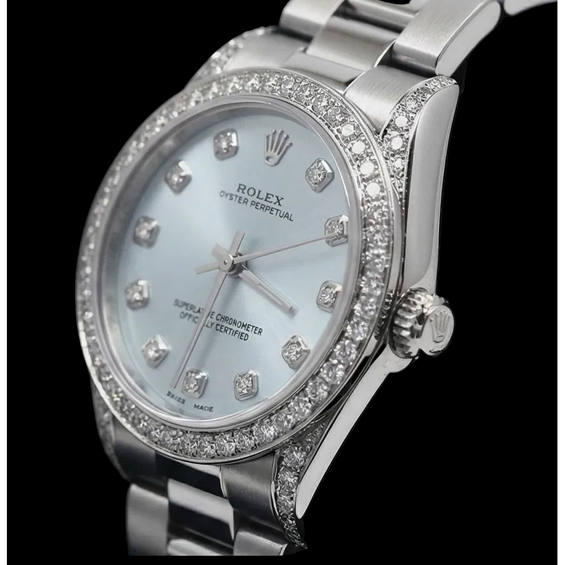 Blaues, individuelles Diamanten-Zifferblatt, mittlere Größe, kein Datum, Rolex-Uhrenarmband, Edelstahl